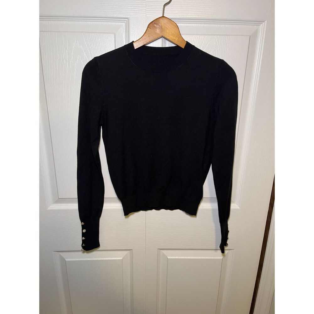 Dazy Womens Black Knit Sweater Pearl Button Sleeve Crew Neck Size M